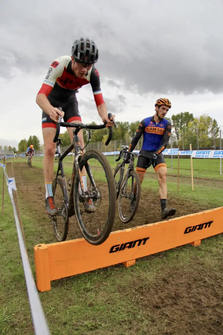 Young phenom Henry Jones (Bend Endurance Academy) proved he's no fluke at Heron Lakes by staying on his bike over every barrier on course. Driving the crowds crazy with excitement. © M. Estes / Cyclocross Magazine