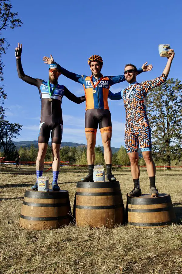 Bob's Red Mill Men's Elite Podium (l to r) 2nd Josh Kelly (Breadwinner Cycles) Winner Sean Babcock (Team S&M) and Mitchell Trux (PDX TI) CX Crusade Cascade Locks. Photo M. Estes
