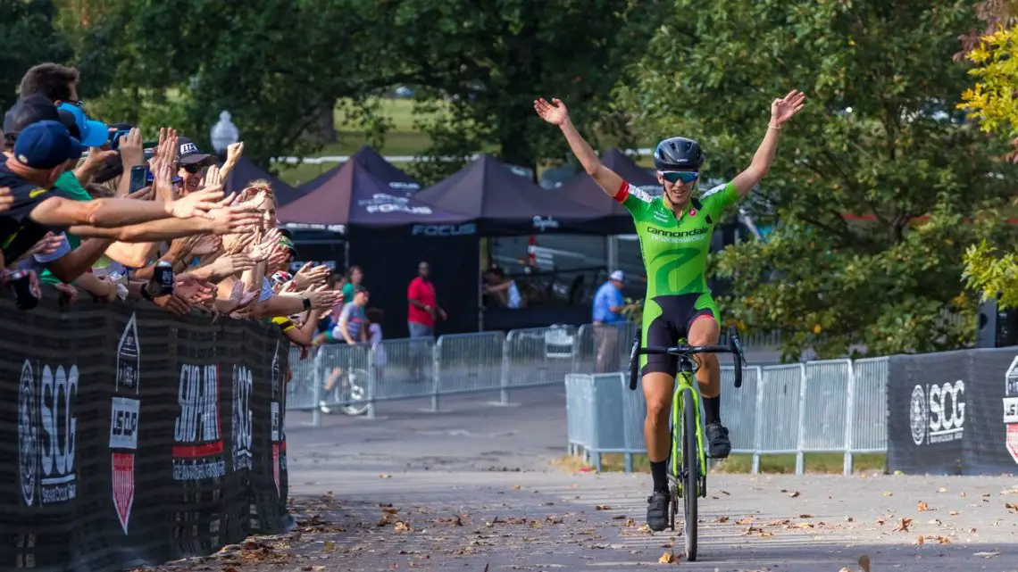Kaitie Keough celebrates her win. 2017 Charm City Cross Day 1 © M. Colton / Cyclocross Magazine
