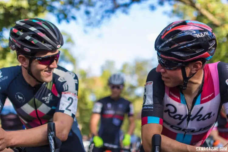 Ortenblad and Powers chat before the race. 2017 Charm City Cross Day 1 © M. Colton / Cyclocross Magazine
