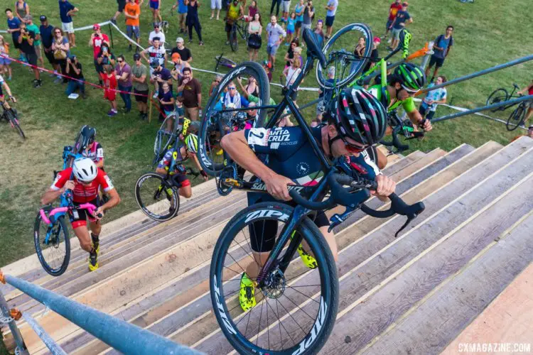 Tobin Ortenblad and others head up the Belgian-style flyover. 2017 Charm City Cross Day 1 © M. Colton / Cyclocross Magazine