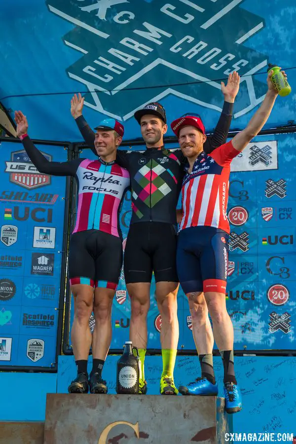 Men's podium: Ortenblad, Powers, Hyde. 2017 Charm City Cross Day 1 © M. Colton / Cyclocross Magazine