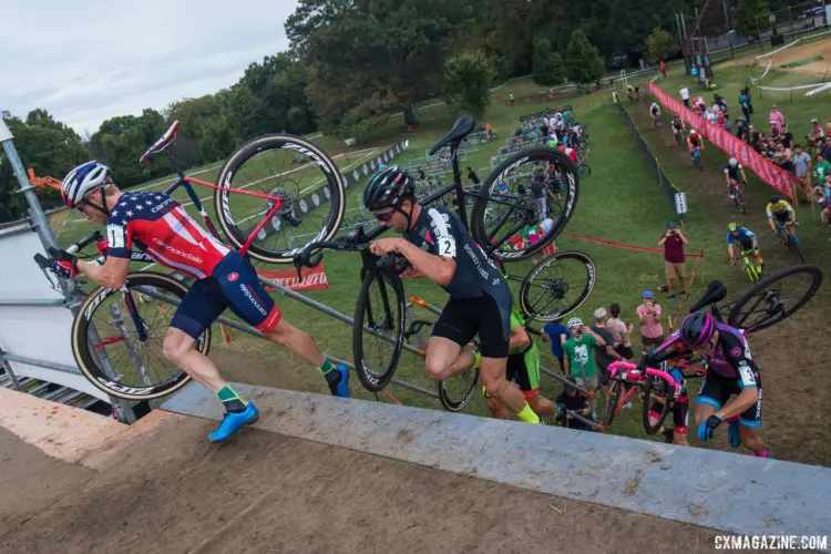 Stephen Hyde leads riders up the steep flyover. 2017 Charm City Cross Day 2. © M. Colton / Cyclocross Magazine