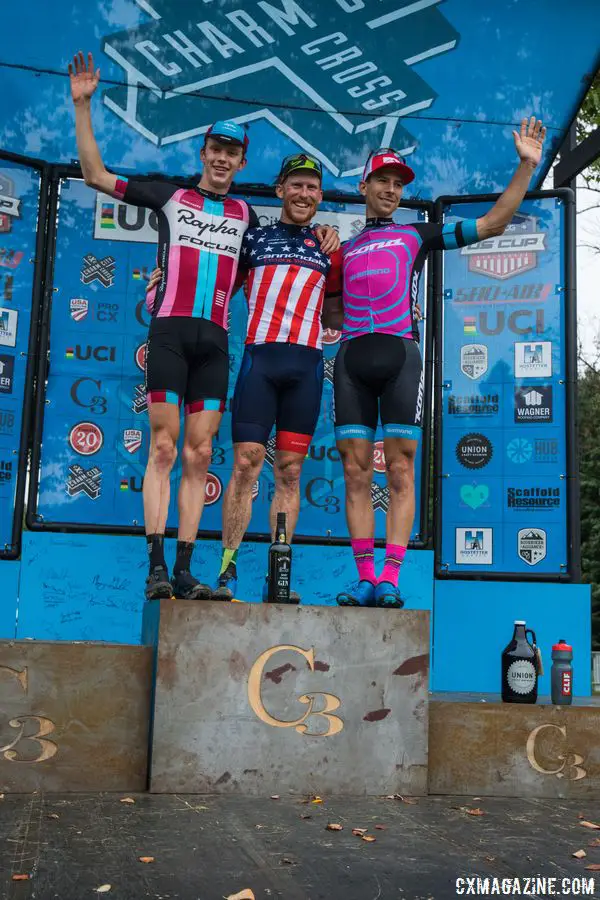Men's podium: Hyde, Petrov, Werner. 2017 Charm City Cross Day 2. © M. Colton / Cyclocross Magazine