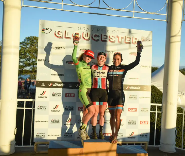 Womens podium: Ellen Noble, Emma White, Crystal Anthony. 2017 GP of Gloucester Day 2. photo: Chris McIntosh