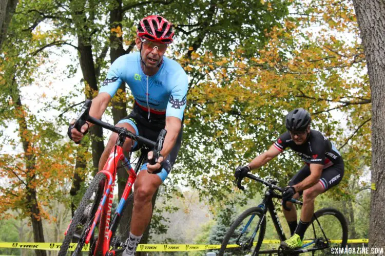 Two Masters riders battle around a corner. 2017 Grafton Pumpkin Cross. © Z. Schuster / Cyclocross Magazine