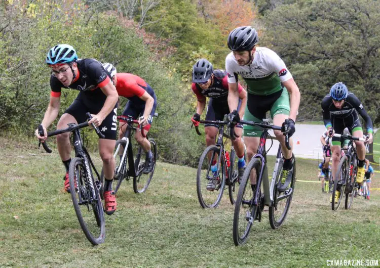 Pete Karinen, Isaac Neff and others explode up the hill during the first lap. 2017 Grafton Pumpkin Cross. © Z. Schuster / Cyclocross Magazine