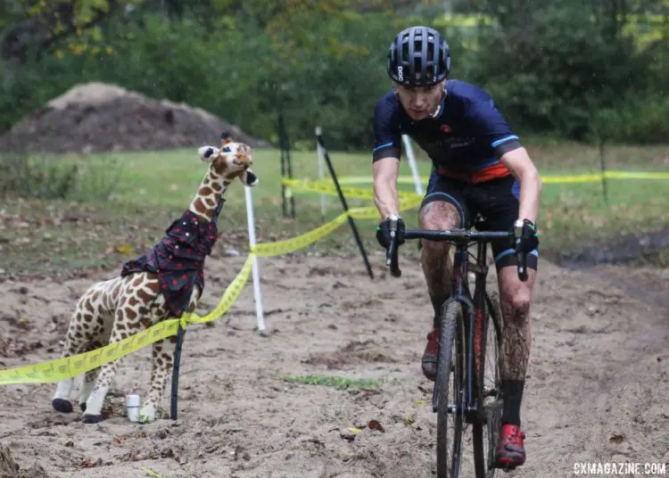 Pat Brock uses some english in the sandpit. 2017 Grafton Pumpkin Cross. © Z. Schuster / Cyclocross Magazine