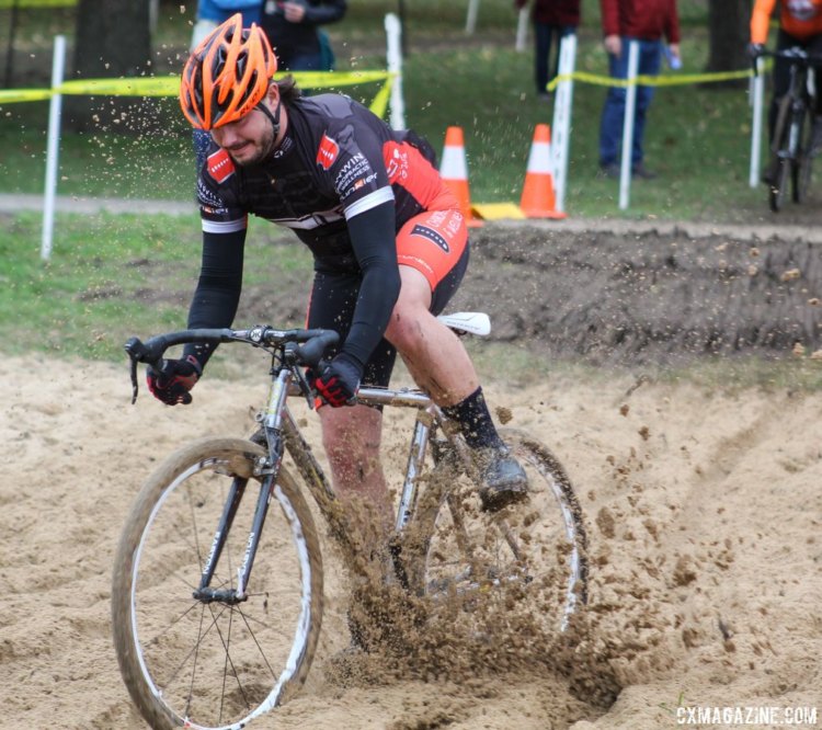 Andrew Carlson rips through the sand pit. 2017 Fitcherona Cross Omnium - McGaw Park. © Z. Schuster / Cyclocross Magazine