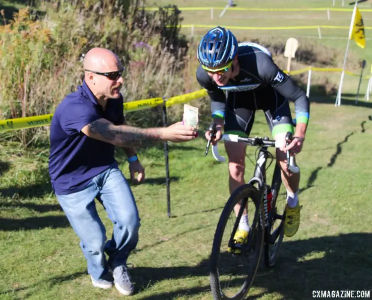 By the end of the race, the only real question was if Schouten would take the beer hand-up. 2017 Flyover Silver Creek. © Z. Schuster / Cyclocross Magazine