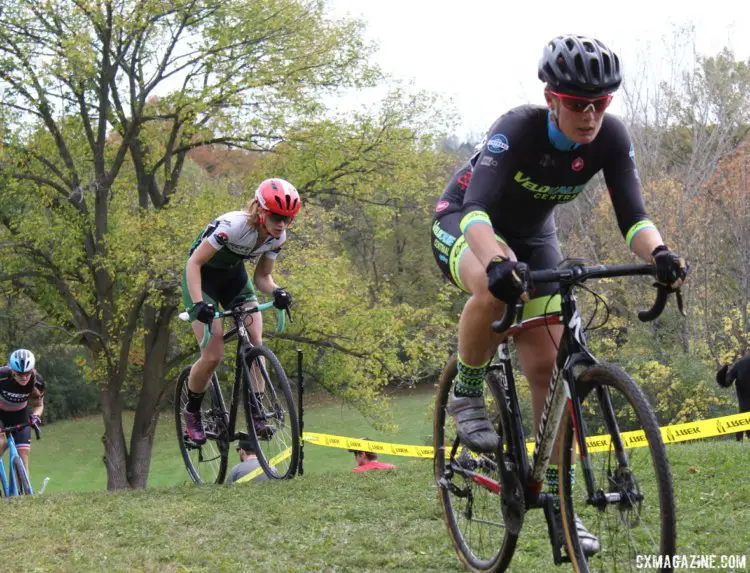 Heidi Stangl leads Wendy Boehm up Kill'n Hill. 2017 Grafton Pumpkin Cross. © Z. Schuster / Cyclocross Magazine