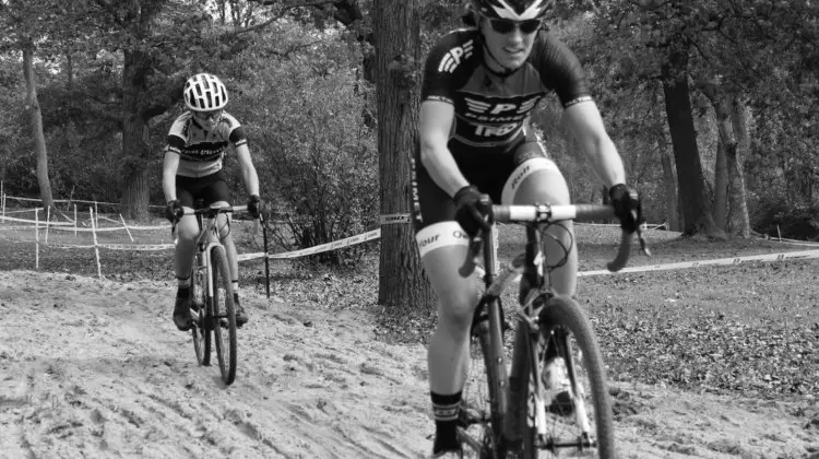 Katie Isermann leads Caitlin Neuman at the sand. 2017 Grafton Pumpkin Cross. © Z. Schuster / Cyclocross Magazine