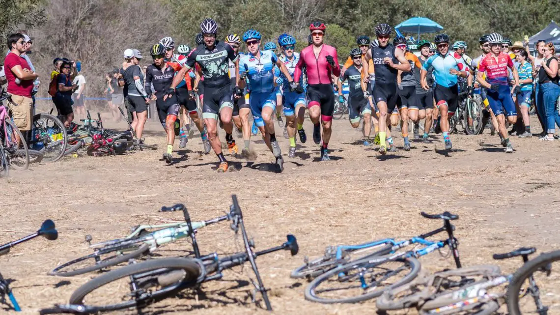 Both the Mens and Womens A fields featured a Le Mans style start. 2017 Rock Lobster Cup, Wilder Ranch. © J. Vander Stucken / Cyclocross Magazine