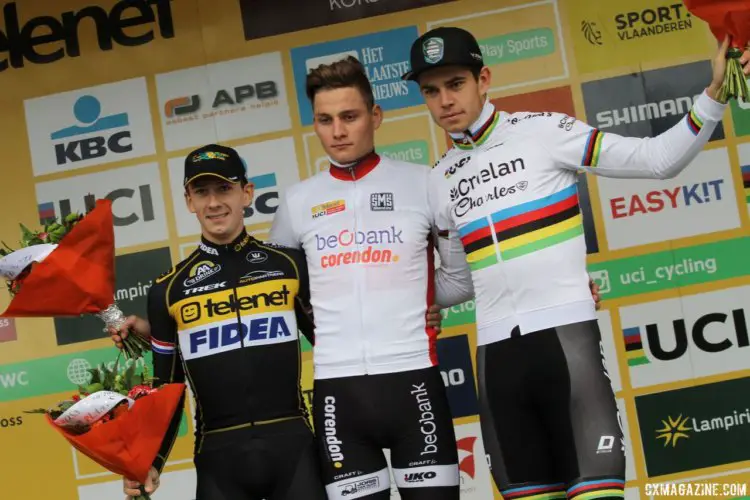 Men's podium: Mathieu van der Poel, Lars van der Haar and Wout van Aert. 2017 World Cup Koksijde. © B. Hazen / Cyclocross