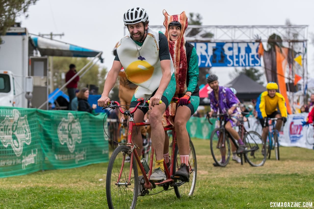 Egg and Bacon won a pie as one of the best costumes. 2017 Surf City Cyclocross © J. Vander Stucken / Cyclocross Magazine