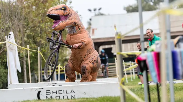 T Rex shows everyone how to run the barriers with baby arms. 2017 Surf City Cyclocross © J. Vander Stucken / Cyclocross Magazine