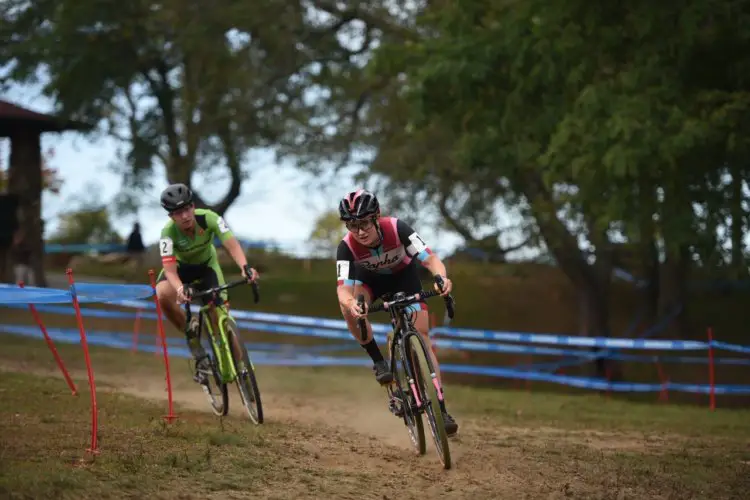 Ellen Noble leads Emma White early on in Saturday's race in Gloucester. © C. McIntosh