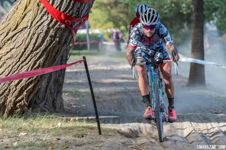 Anthony Clark (Squid Bikes) stays dialed in with Lance Haidet (Donnelly) hot on his tail. 2017 West Sacramento GP (Saturday). © J. Vander Stucken / Cyclocross Magazine