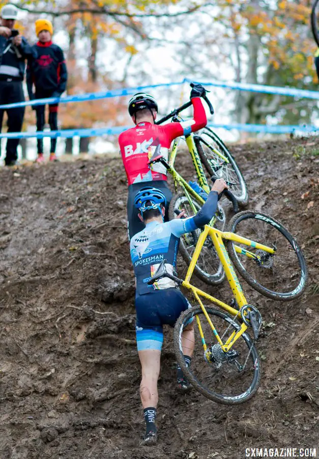 Torin Bickmore and Ben Gomez Villafane scale the vertical, muddy run-up. 2017 Cincinnati Cyclocross, Day 1. © Cyclocross Magazine
