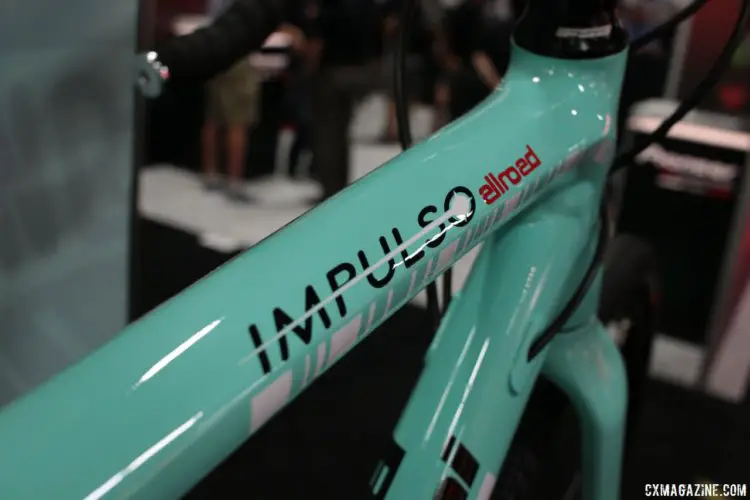 2018 Bianchi Impulso Allroad Shimano 105 bike, with hydraulic flat mount brakes, thru axles, and a new alloy frame with clearance for 40mm tires. Interbike 2017. © Cyclocross Magazine