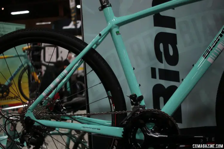 2018 Bianchi Impulso Allroad Shimano 105 bike, with hydraulic flat mount brakes, thru axles, and a new alloy frame with clearance for 40mm tires. Interbike 2017. © Cyclocross Magazine