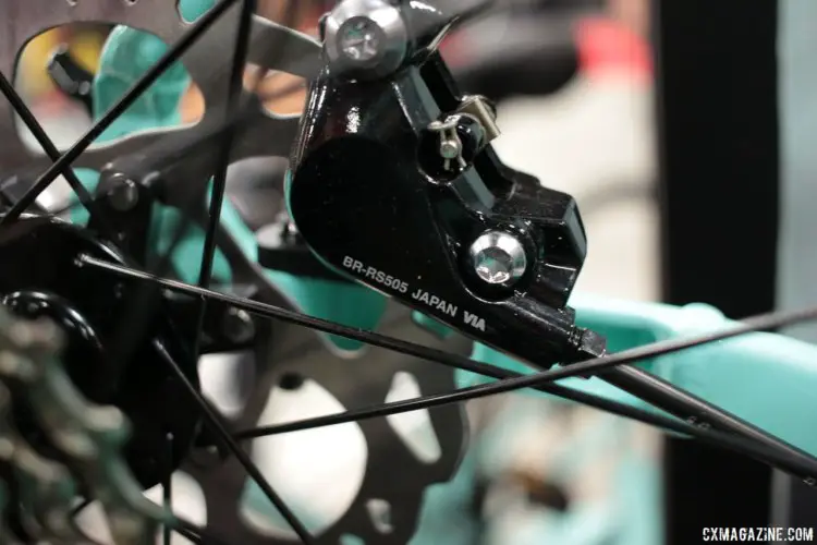 2018 Bianchi Impulso Allroad Shimano 105 bike, with hydraulic flat mount brakes, thru axles, and a new alloy frame with clearance for 40mm tires. Interbike 2017. © Cyclocross Magazine