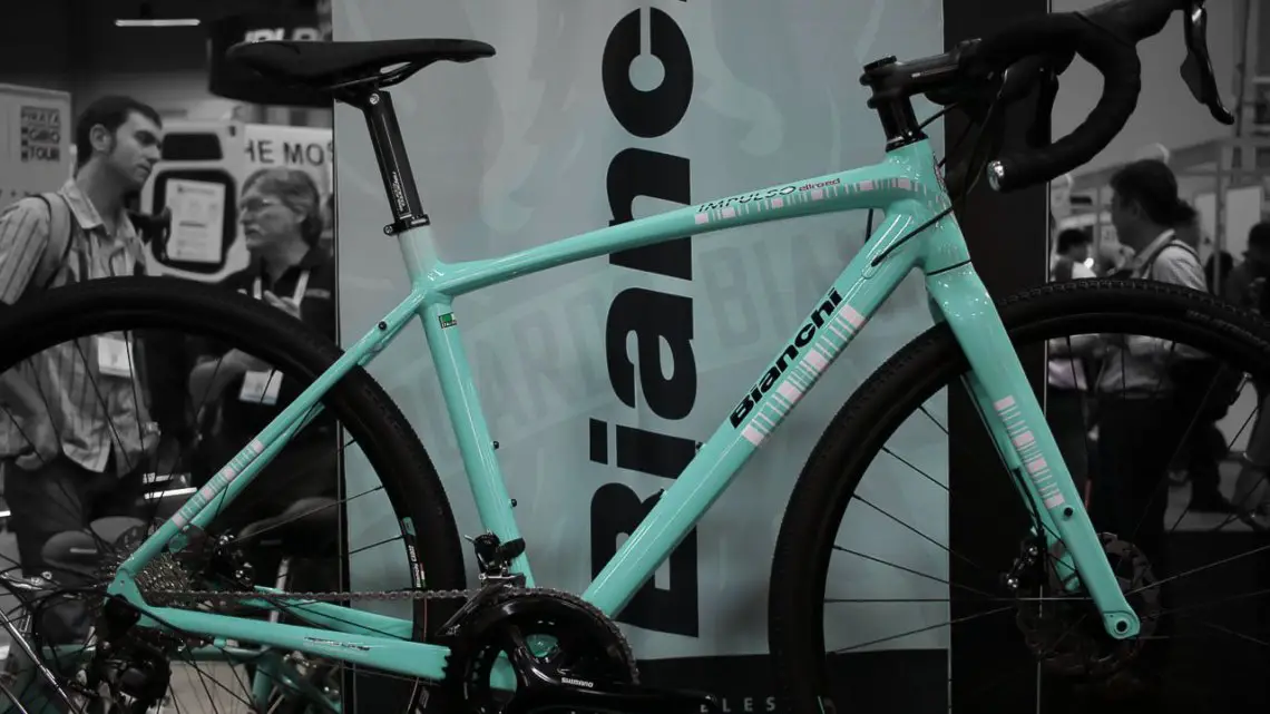 2018 Bianchi Impulso Allroad Shimano 105 bike, with hydraulic flat mount brakes, thru axles, and a new alloy frame with clearance for 40mm tires. Interbike 2017. © Cyclocross Magazine