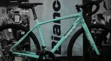 2018 Bianchi Impulso Allroad Shimano 105 bike, with hydraulic flat mount brakes, thru axles, and a new alloy frame with clearance for 40mm tires. Interbike 2017. © Cyclocross Magazine