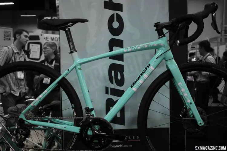 2018 Bianchi Impulso Allroad Shimano 105 bike, with hydraulic flat mount brakes, thru axles, and a new alloy frame with clearance for 40mm tires. Interbike 2017. © Cyclocross Magazine