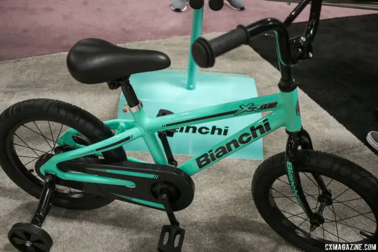 For 2018, Bianchi will be serving up a healthy dose of Celeste for the little ones, via its X2 and Duel kid's bikes. Interbike 2017. © Cyclocross Magazine