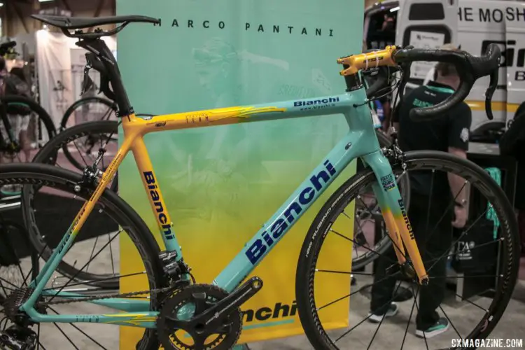 For Marco Pantani fans, Bianchi has a tribute bike that celebrates Il Pirata's legacy. 2018 Bianchi bikes. Interbike 2017. © Cyclocross Magazine