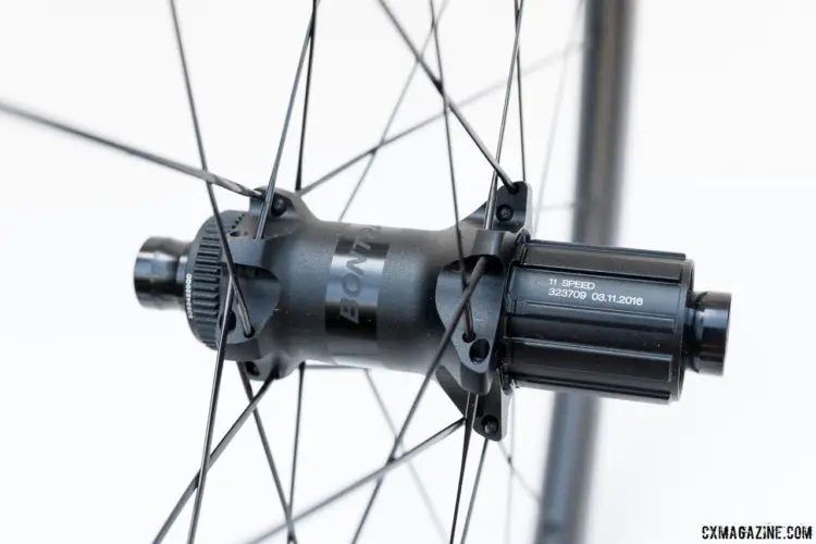 The rear wheel comes with a Bontrager hub and is compatitible with SRAM and Shimano 10 and 11-speed free hubs. Bontrager Aeolus 3 Tubeless-Ready Carbon Disc Clincher. © C. Lee / Cyclocross Magazine