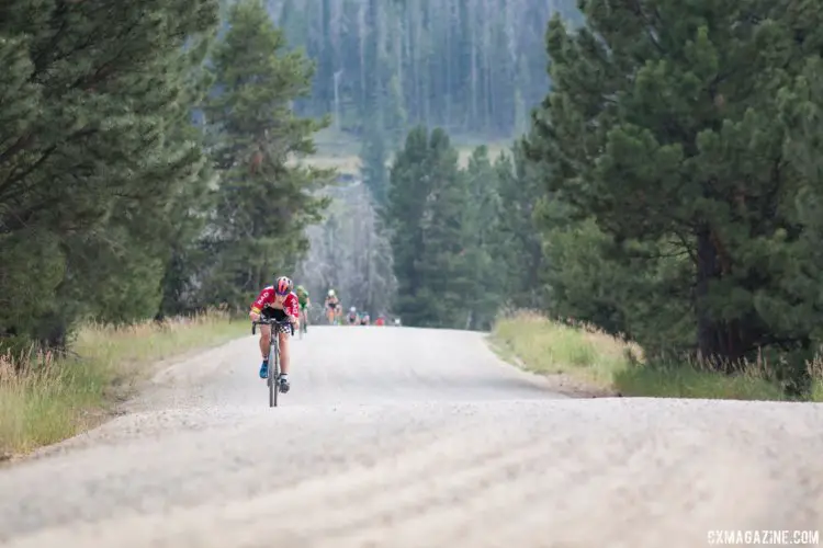 Calder Wood on the final KOM gravel climb, trying to hold off Gage Hecht and the rest of the chasers. 2017 Montana Cross Camp. © A. Yee / Cyclocross Magazine