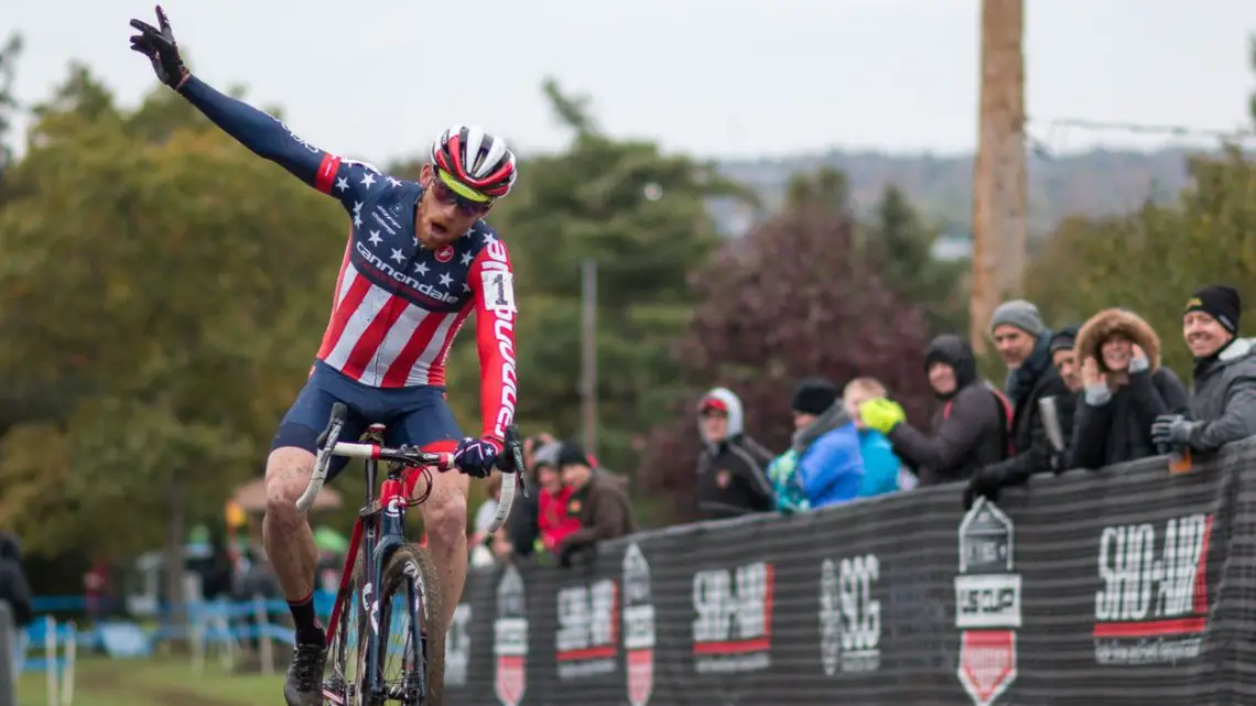 Stephen Hyde celebrates his win at Harbin Park. Elite Men, 2017 Cincinnati Cyclocross, Day 2, Harbin Park. © Cyclocross Magazine