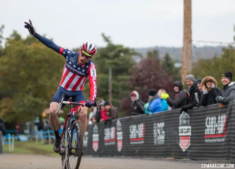 Stephen Hyde celebrates his win at Harbin Park. Elite Men, 2017 Cincinnati Cyclocross, Day 2, Harbin Park. © Cyclocross Magazine