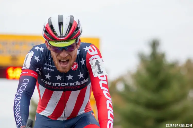 After the race, Stephen Hyde said Gage Hecht made him work to get the win. Elite Men, 2017 Cincinnati Cyclocross, Day 2, Harbin Park. © Cyclocross Magazine