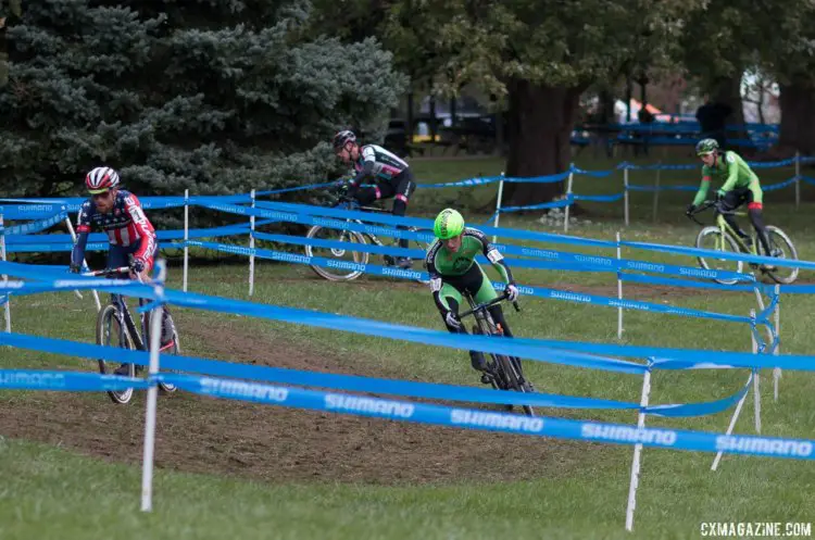 As the other riders spread out behind them, Hyde and Hecht escaped off the front. Elite Men, 2017 Cincinnati Cyclocross, Day 2, Harbin Park. © Cyclocross Magazine