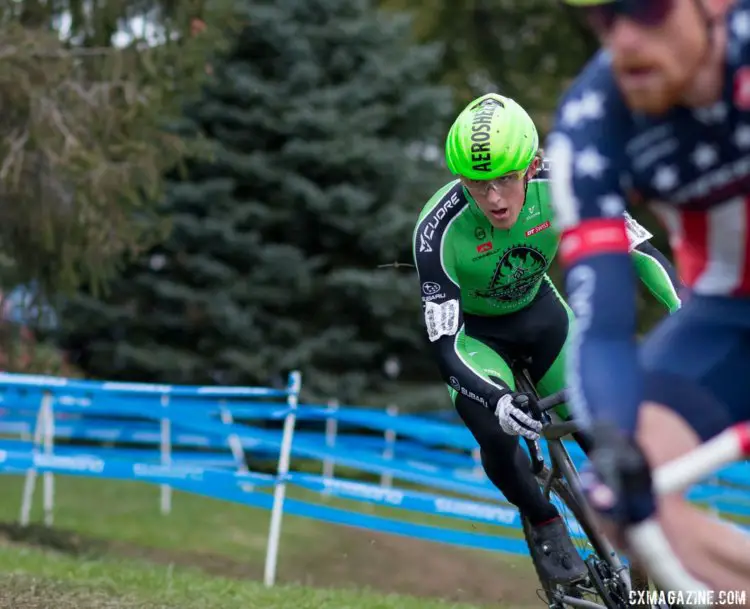 Gage Hecht focused on following Stephen Hyde and was rewarded wit ha second-place finish. Elite Men, 2017 Cincinnati Cyclocross, Day 2, Harbin Park. © Cyclocross Magazine