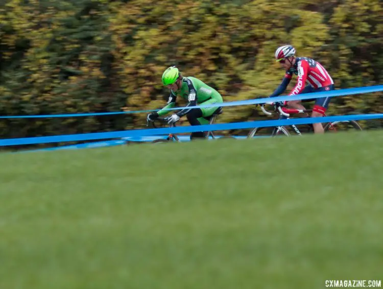 Gage Hecht and Stephen Hyde traded pulls to stay away from the field. Elite Men, 2017 Cincinnati Cyclocross, Day 2, Harbin Park. © Cyclocross Magazine