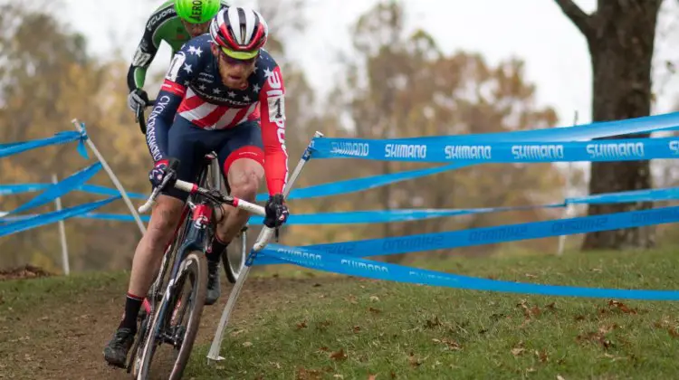 Stephen Hyde eventually had too much for Gage Hecht to handle. Hyde attacked in the last lap to win out of the lead selection. Elite Men, 2017 Cincinnati Cyclocross, Day 2, Harbin Park. © Cyclocross Magazine