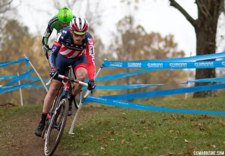 Stephen Hyde eventually had too much for Gage Hecht to handle. Hyde attacked in the last lap to win out of the lead selection. Elite Men, 2017 Cincinnati Cyclocross, Day 2, Harbin Park. © Cyclocross Magazine