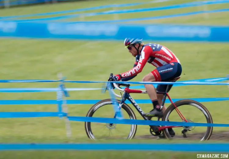 It took until the last lap for Stephen Hyde to go solo to victory. Elite Men, 2017 Cincinnati Cyclocross, Day 2, Harbin Park. © Cyclocross Magazine