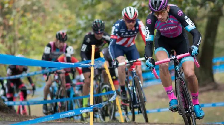 The US Cup-CX top three: Kerry Werner grabbed the holeshot, with Hyde and Ortenblad right on his heels. 2017 Cincinnati Cyclocross, Elite Men, Day 1. © Cyclocross Magazine