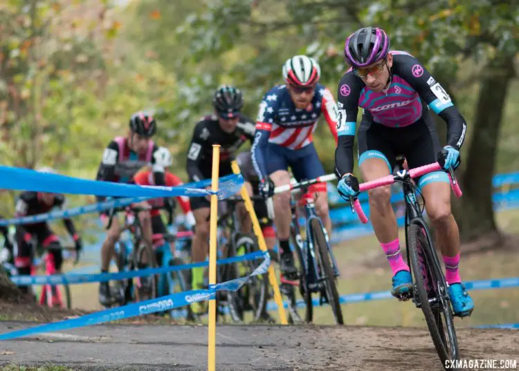 The US Cup-CX top three: Kerry Werner grabbed the holeshot, with Hyde and Ortenblad right on his heels. 2017 Cincinnati Cyclocross, Elite Men, Day 1. © Cyclocross Magazine