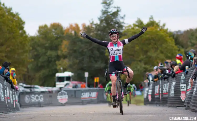 Ellen Noble celebrates her first US Cup-CX win at Harbin Park. Elite Women, 2017 Cincinnati Cyclocross, Day 2, Harbin Park. © Cyclocross Magazine