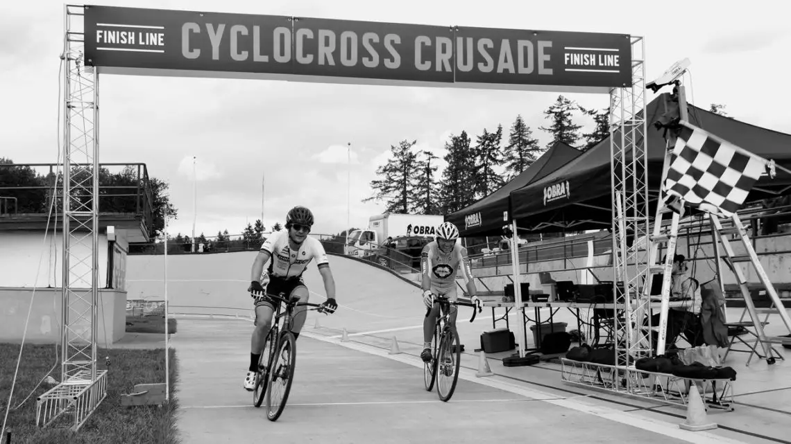 Point S Racing's Steven Beardsley taking the first Men's SS win of the Cross Crusade season as another rider smiles that he didn't get lapped. CX Crusade 2017 Day One. Photo Mike Estes