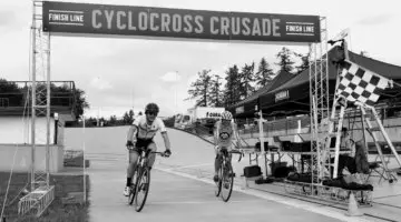 Point S Racing's Steven Beardsley taking the first Men's SS win of the Cross Crusade season as another rider smiles that he didn't get lapped. CX Crusade 2017 Day One. Photo Mike Estes