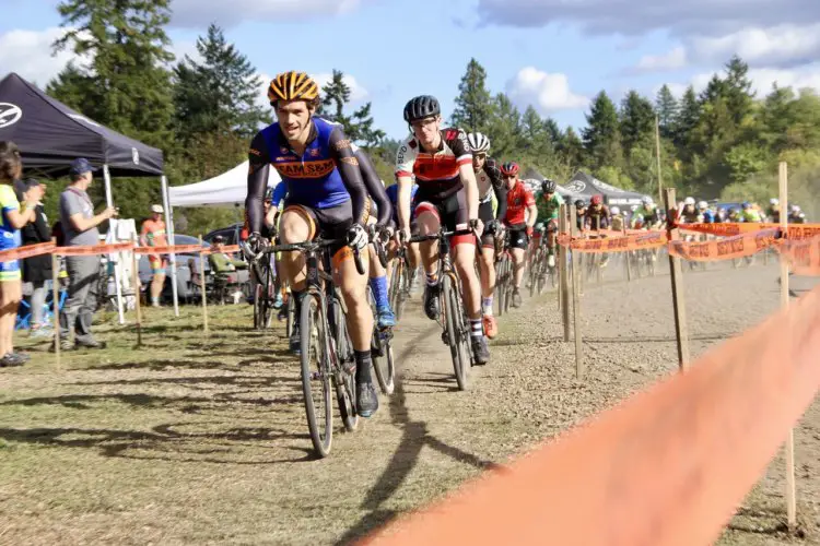 Team S&M's Sean Babcock scores the holeshot and has Bend Endurance's Henry Jones breathing down his neck. CX Crusade 2017 Day Two. Photo Mike Estes