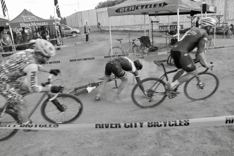 Two racers dodge a fallen rider. CX Crusade 2017 Day Two. Photo Mike Estes