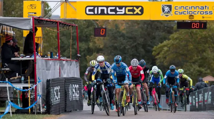 Lane Maher was patient, but made sure he was out front of any first lap chaos. Junior Men, 2017 Cincinnati Cyclocross, Day 2, Harbin Park. © Cyclocross Magazine